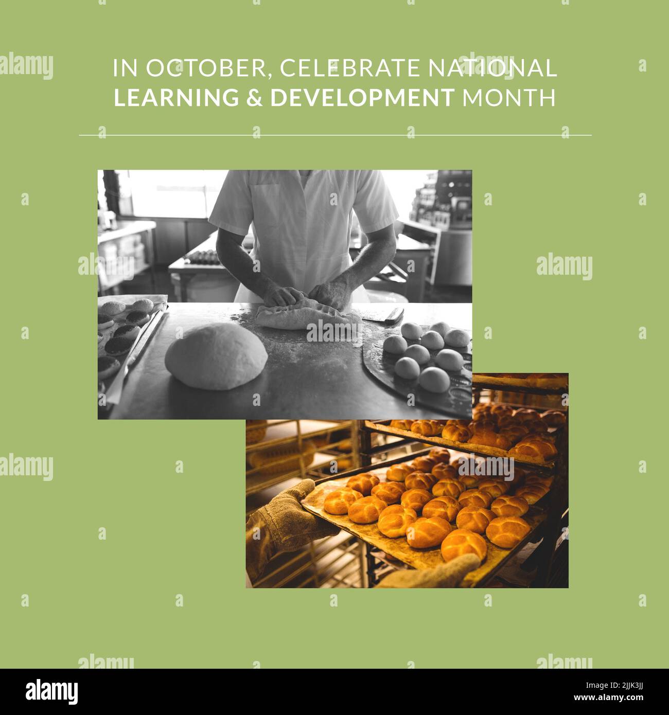 Immagine del mese di apprendimento e sviluppo su sfondo verde con foto di fare il pane Foto Stock