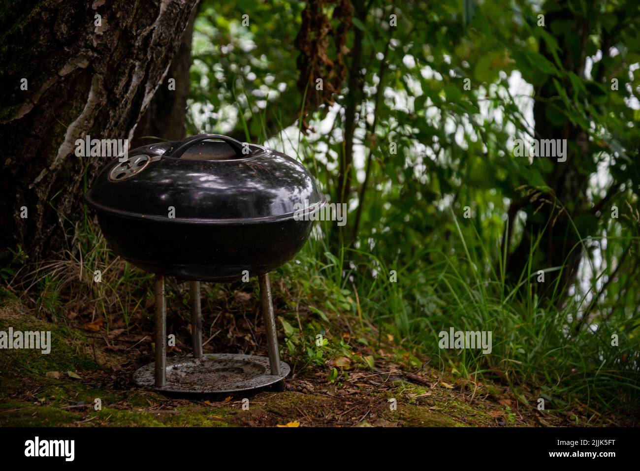 Black Metal grill con gambe in metallo in una zona turistica ricreativa presso un lago nella foresta. Foto Stock