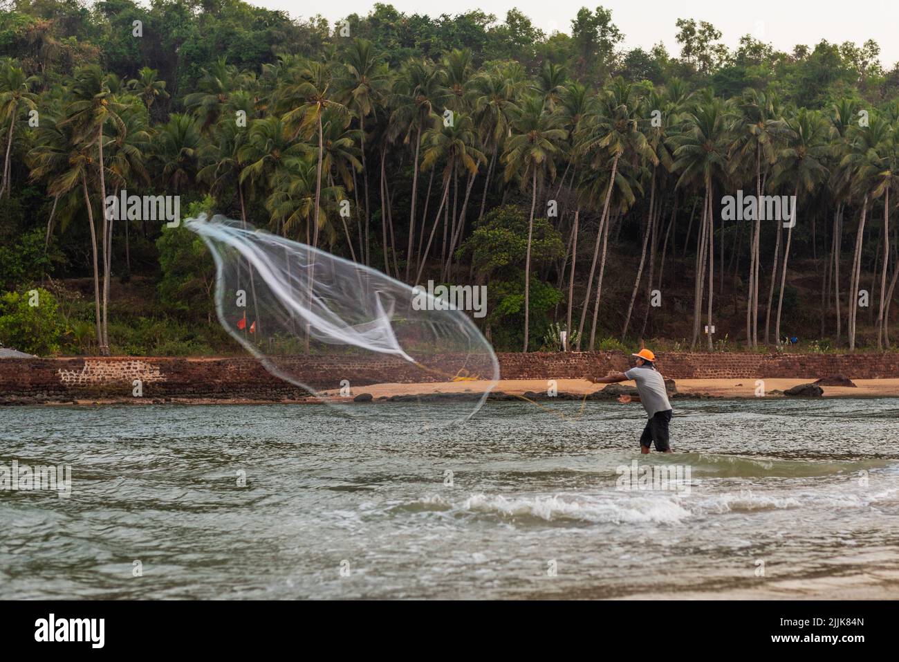 Un pescatore indiano locale gettando la rete nell'oceano nel villaggio di Betul, Salcete, Goa, India Foto Stock