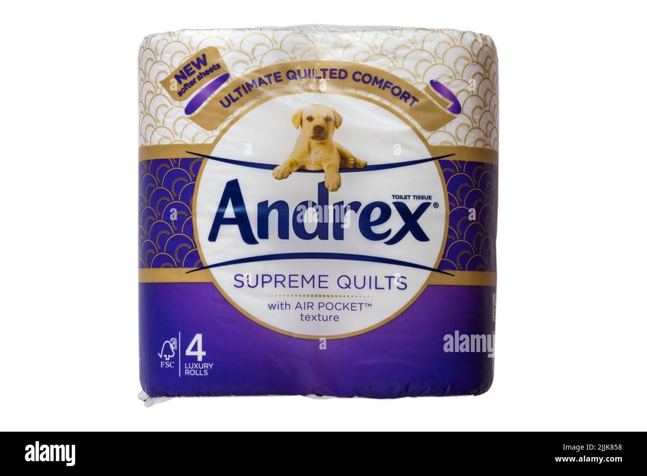 Trapunte Suprema Andrex con rotoli di carta igienica a tasca d'aria per il massimo comfort, nuove lenzuola morbide isolate su sfondo bianco Foto Stock