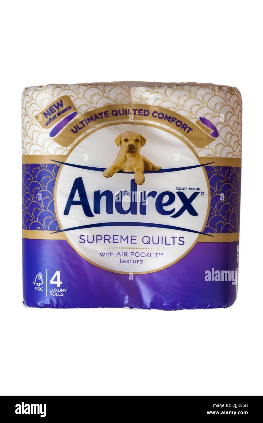 Trapunte Suprema Andrex con rotoli di carta igienica a tasca d'aria per il massimo comfort, nuove lenzuola morbide isolate su sfondo bianco Foto Stock