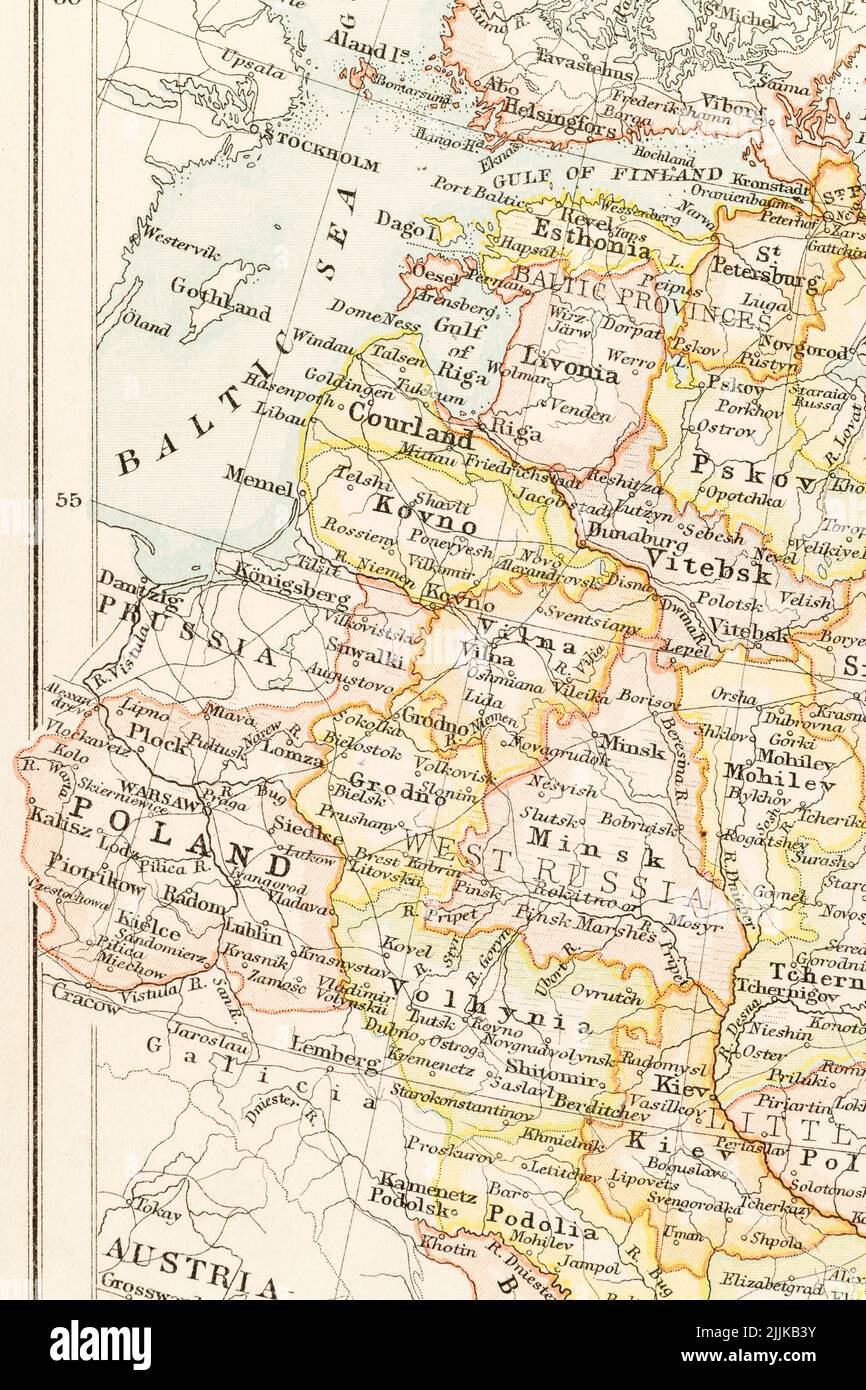 c.1891 carta atlante degli stati baltici - Estonia, Lettonia (Livonia), Lituania (Kurland, Courland) - confinante con Russia + Polonia e Kaliningrad & Suwalki Gap. Foto Stock
