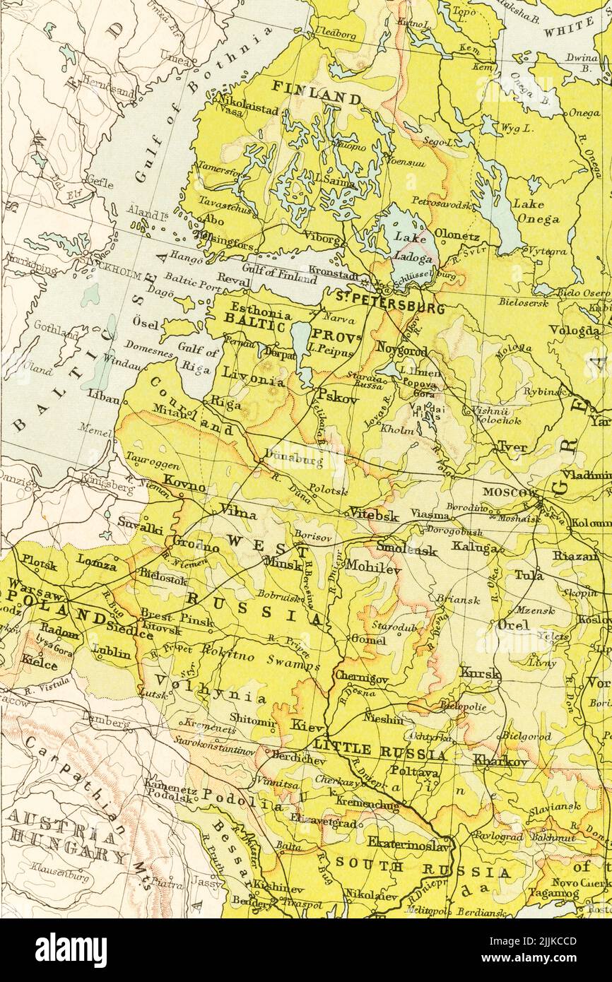 Mappa dei paesi baltici e di altri paesi sotto l'influenza russa Finlandia, Estonia, Lettonia, Lituania, piccola Russia all'inizio del 1900s, Bielorussia, Ucraina e Polonia. Foto Stock