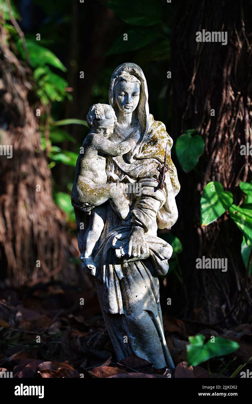 Un colpo verticale di una statua della madonna in natura Foto Stock