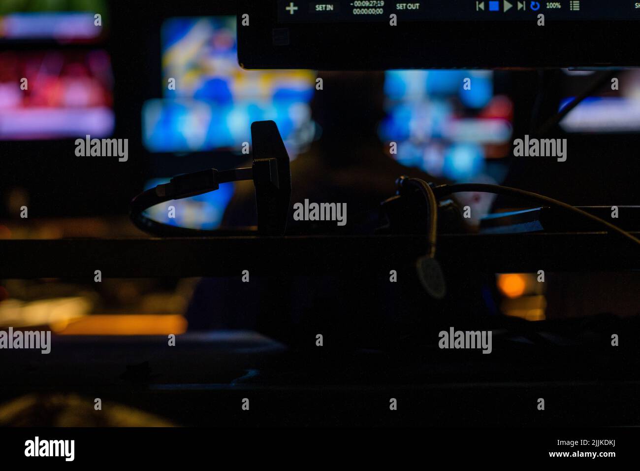 Messa a fuoco selettiva di una telecamera durante la registrazione di un programma Foto Stock