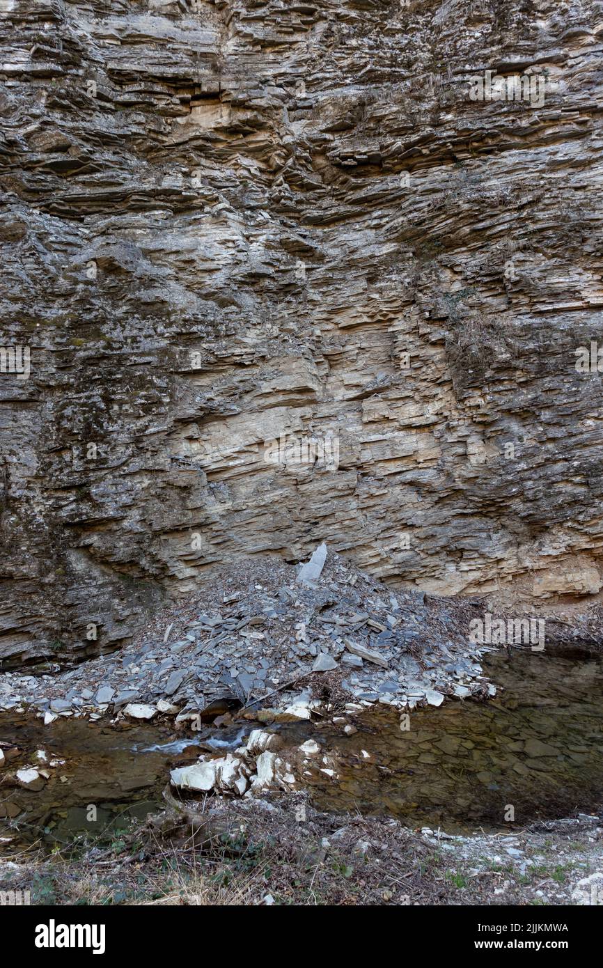 Strati di ardesia sul monte san giorgio in Svizzera noti per i fossili in pietra. Foto Stock