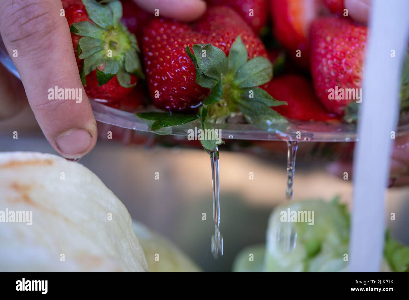 Fuoco selettivo di un vassoio di fragole tenuto dalle mani Foto Stock