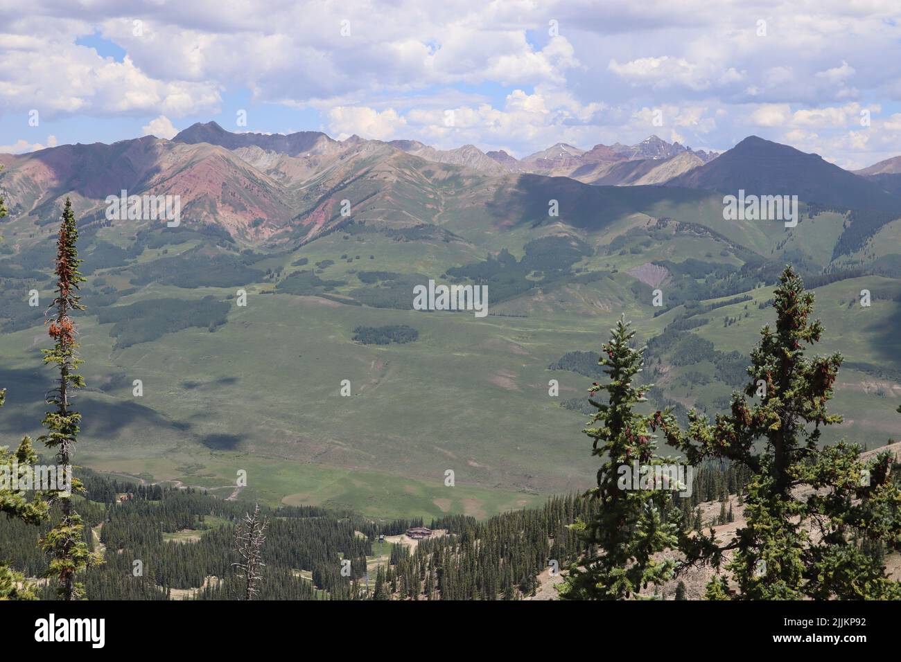 Un paesaggio panoramico di montagne e una foresta di conifere vicino Crested Butte, Colorado, USA Foto Stock