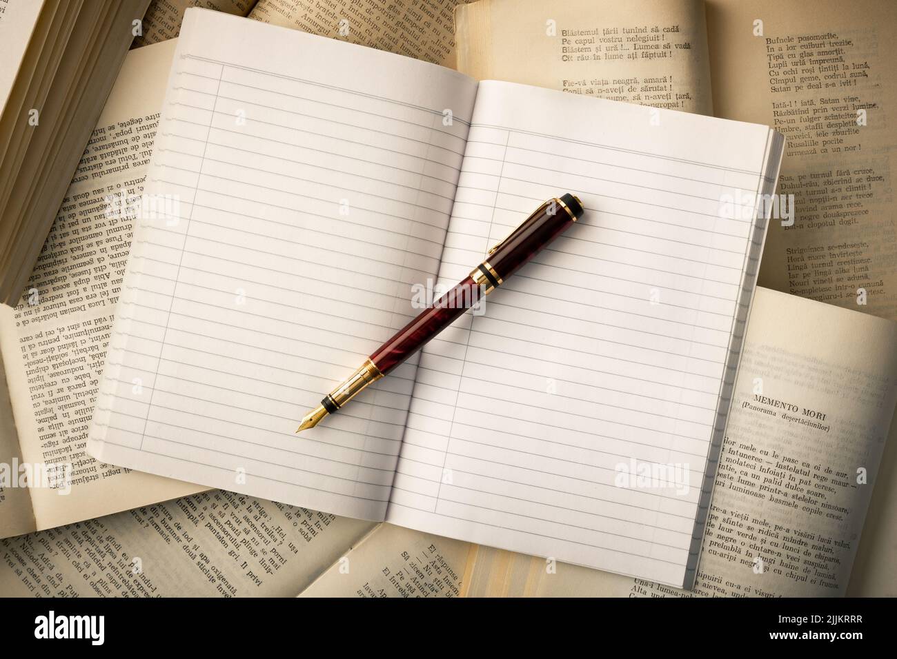 Una vista dall'alto di una penna rossa su un copybook aperto circondato da libri Foto Stock