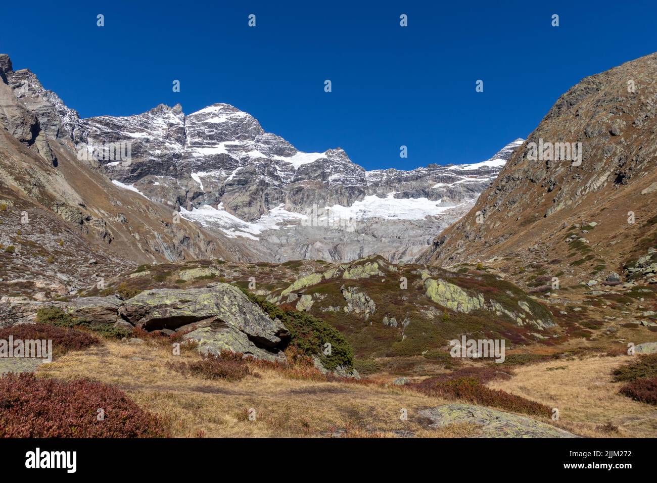 Una bella scena di paesaggio di valle montagna loetschental in svizzera contro un cielo blu Foto Stock