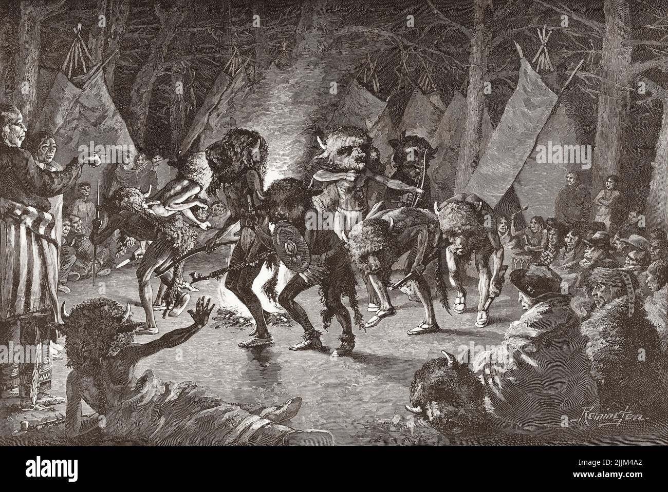 La danza di Buffalo. Dopo un lavoro dell'artista americano Frederic Sackrider Remington, 1861 – 1909. La Buffalo Dance, o Bison Dance of the Plains Indians, ha celebrato il ritorno annuale delle mandrie di bufali. Foto Stock