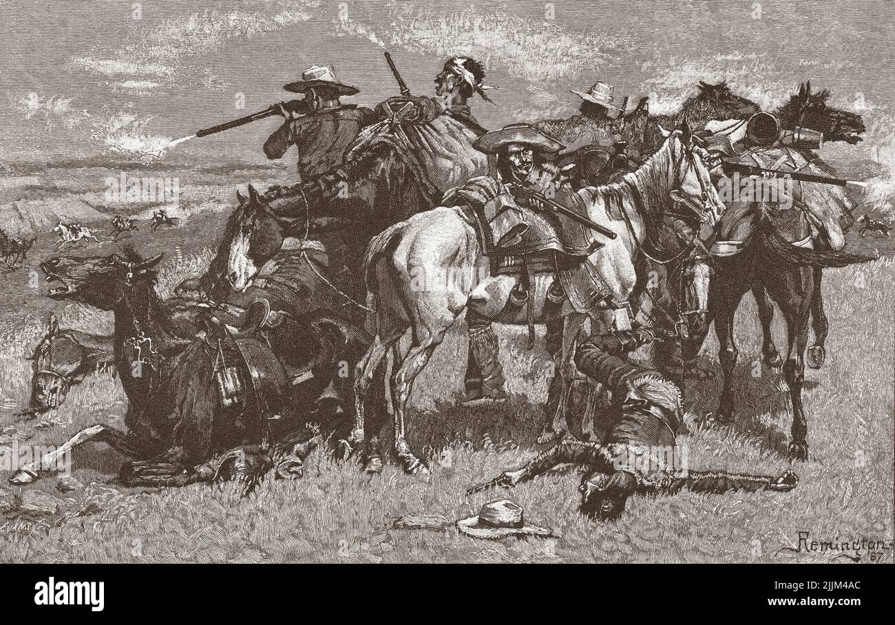 Un episodio nell'apertura del paese del bestiame. Dopo un lavoro dell'artista americano Frederic Sackrider Remington, 1861 – 1909. Foto Stock