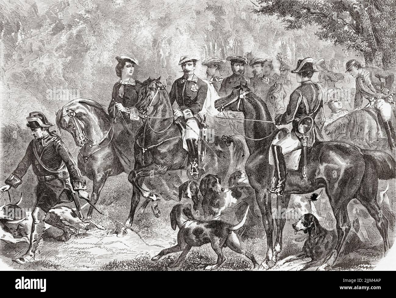 Napoleone III e sua moglie, membri di una festa di caccia nella Foresta di Compiègne, Francia, 1859. Napoleone III, 1808 – 1873. Primo Presidente di Francia, come Luigi Napoléon Bonaparte, 1848 - 1852 e imperatore dei francesi, 1852 - 1870. Doña María Eugenia Ignacia Agustina de Palafox y Kirkpatrick, 19th Contessa di Teba, 16th Marchesa d'Ardales, 1826 –1920, aka Eugénie de Montijo. Imperatrice dei francesi dal suo matrimonio con l'imperatore Napoleone III Da l'Univers Illustre, pubblicato Parigi, 1859 Foto Stock