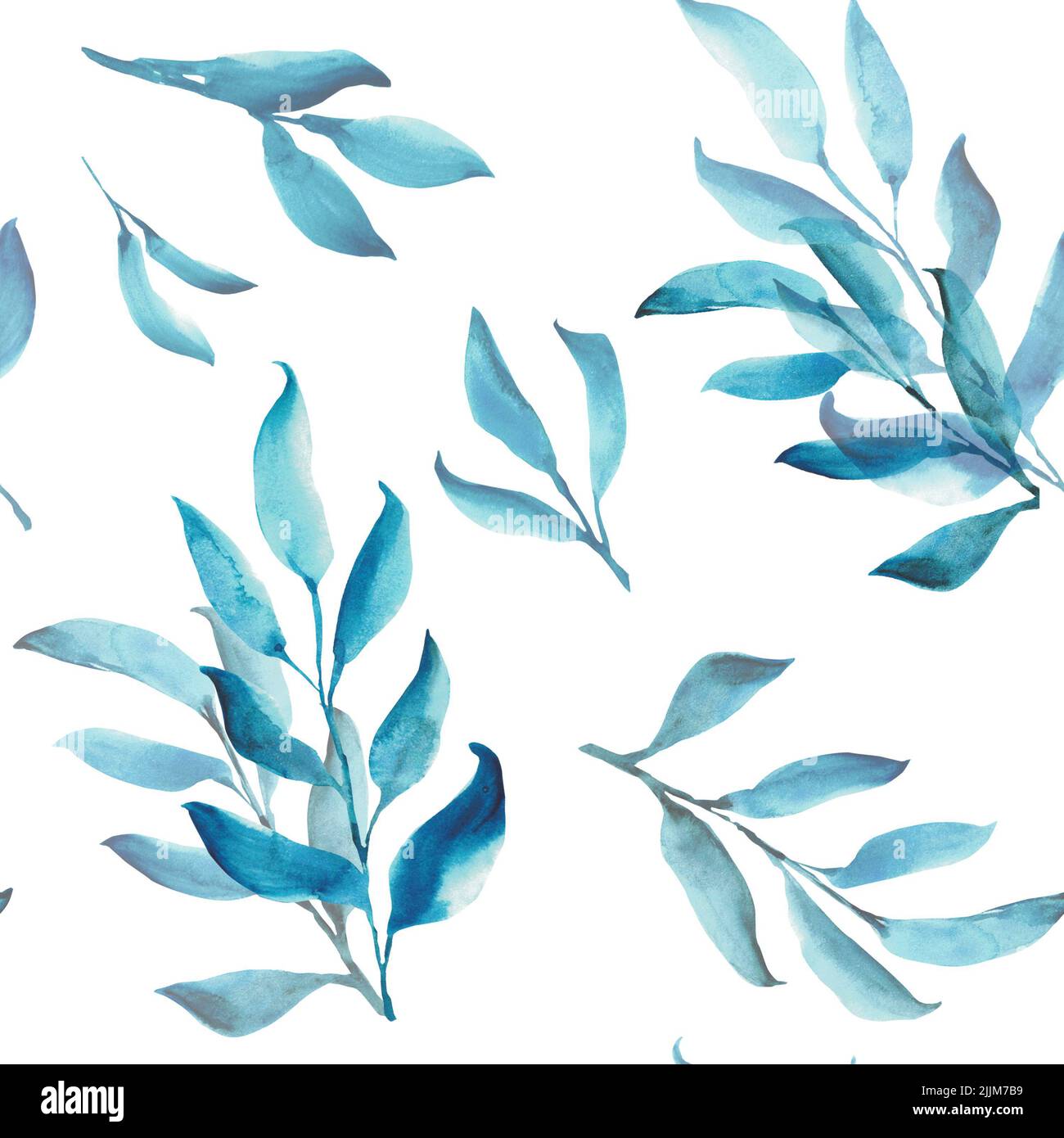 Set di acquerelli blu lascia isolati su sfondo bianco. Tecnica acquerello sciolto. Foto Stock