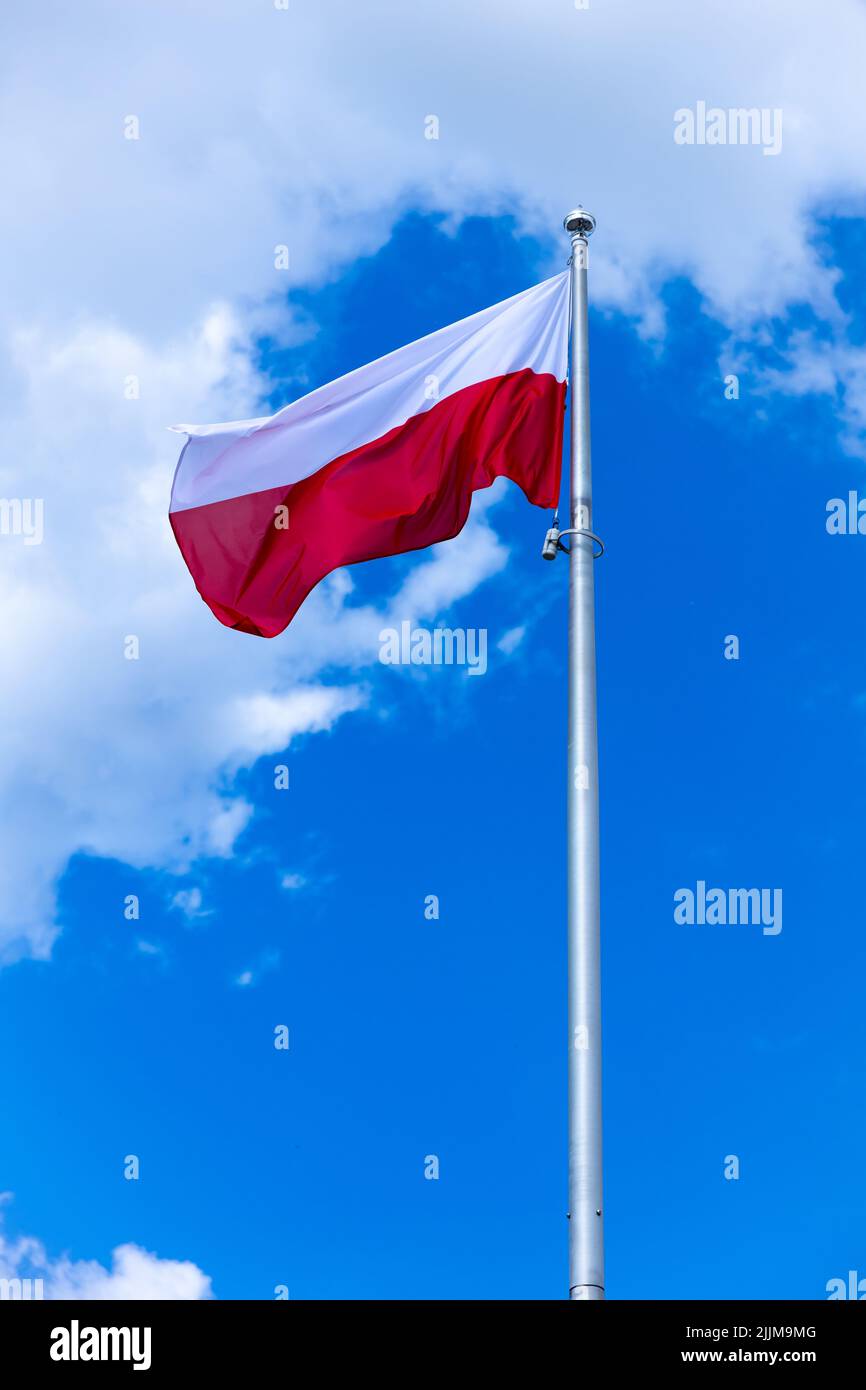 Bandiera nazionale della Polonia ondita sullo sfondo del cielo blu con piccole nuvole. Foto scattata a metà giornata. Foto Stock