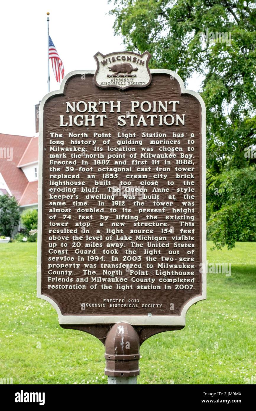North Point Lighthouse Wisconsin Historical Society Marker, Milwaukee, USA Foto Stock