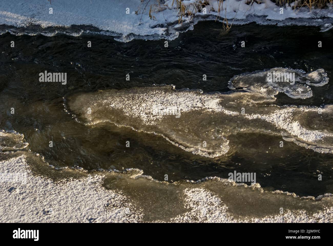 Una vista panoramica di un fiume ghiacciato che scorre in una foresta in inverno Foto Stock