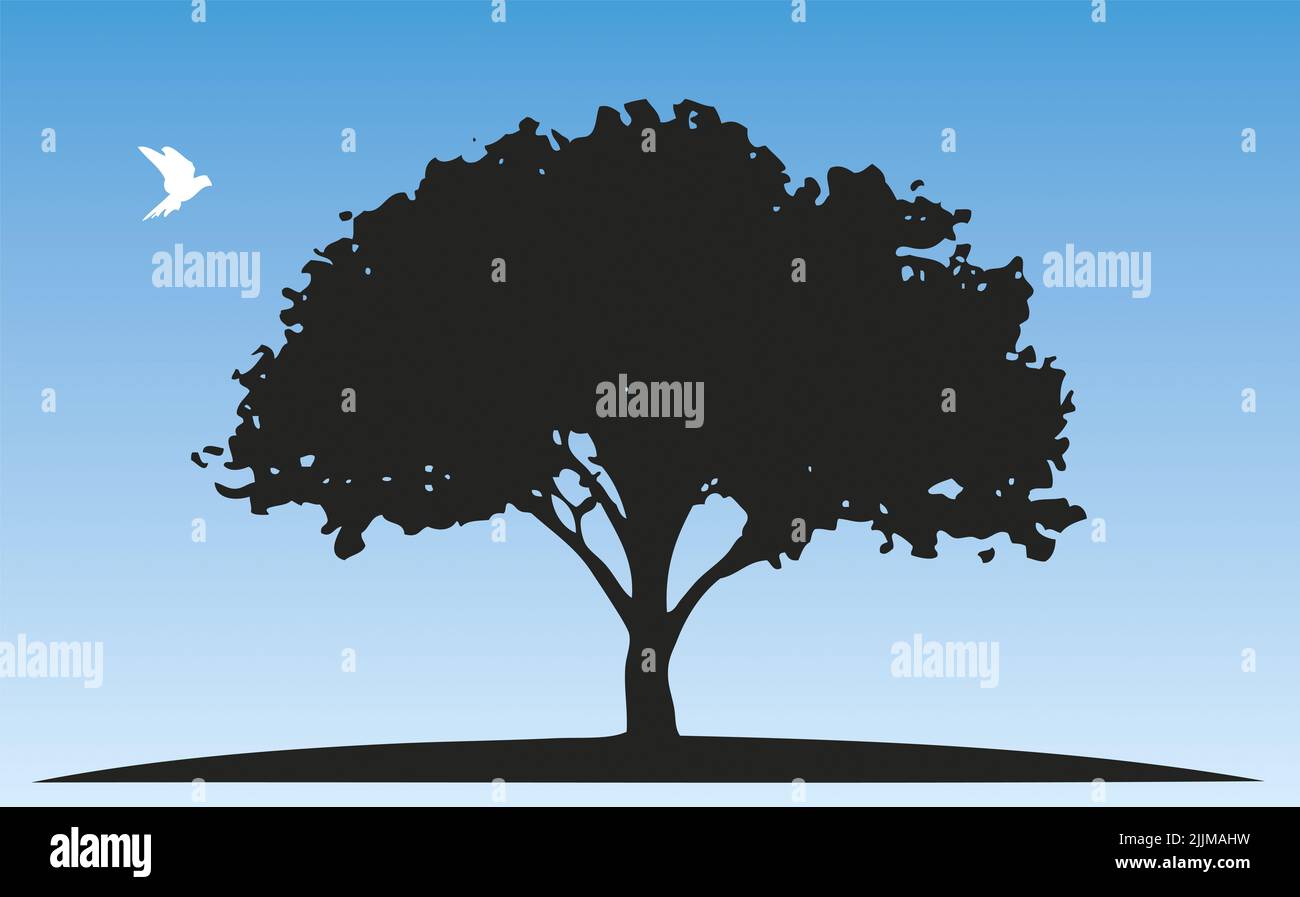 Un'illustrazione del 3D della silhouette dell'albero e di un piccione bianco Foto Stock