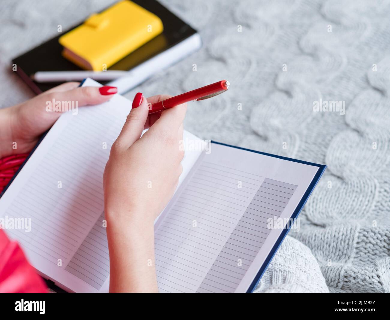 donna giorno di pianificazione vuoto notebook chores shopping Foto Stock