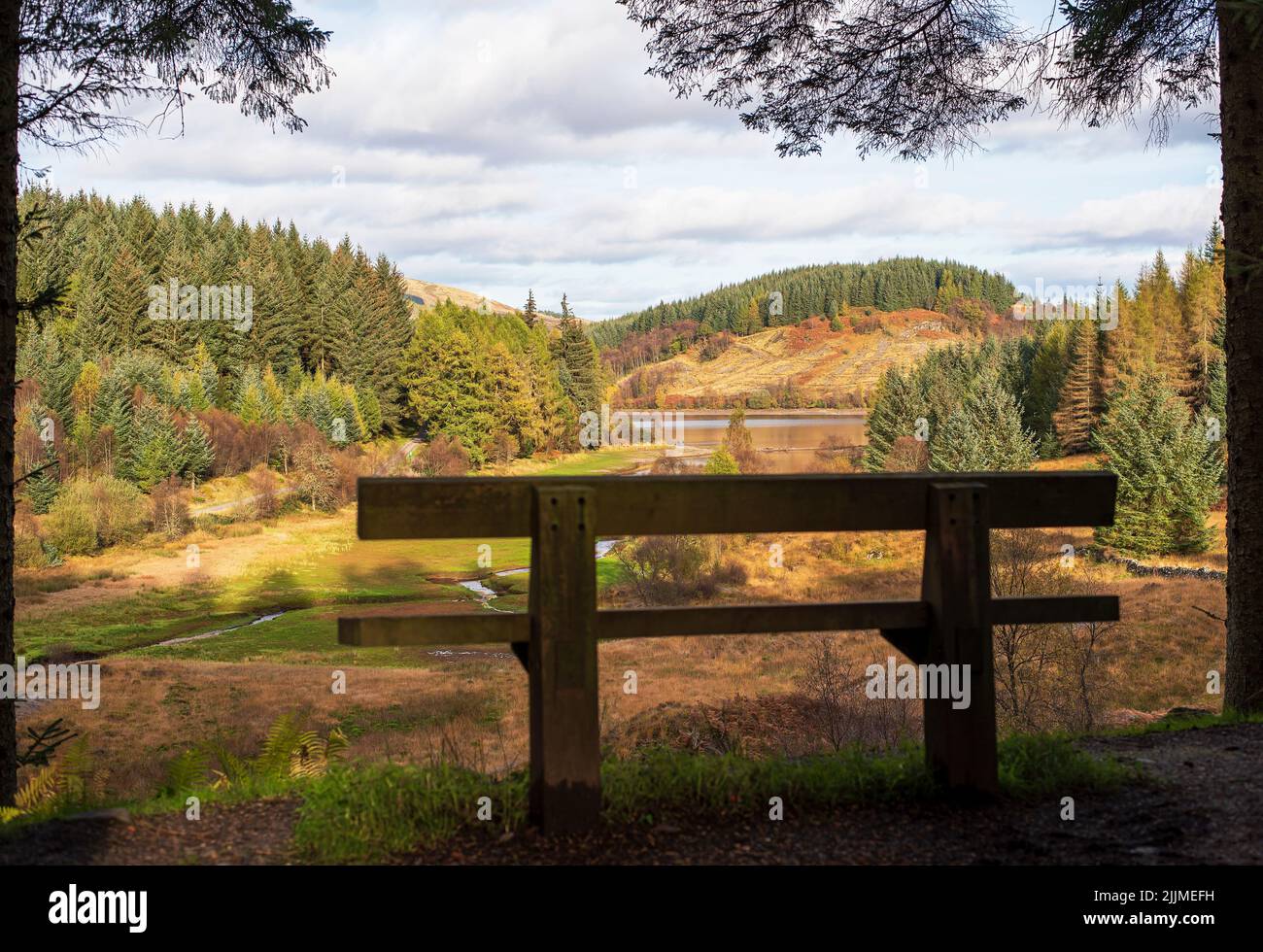 Fotografia paesaggistica di lago, montagne, foresta, autunno, panca, Three Lochs Forest Drive, Scozia Foto Stock