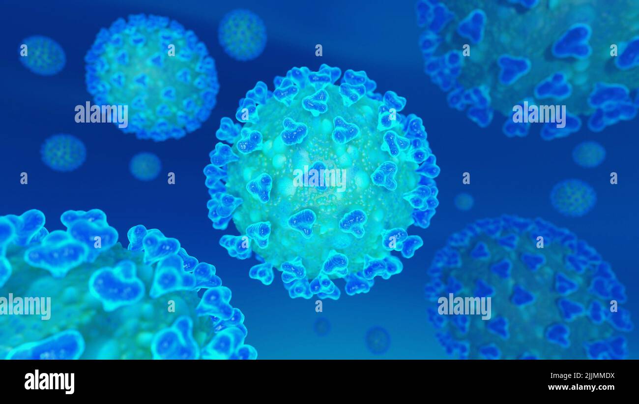 Un rendering 3D delle particelle virali isolate su sfondo blu Foto Stock