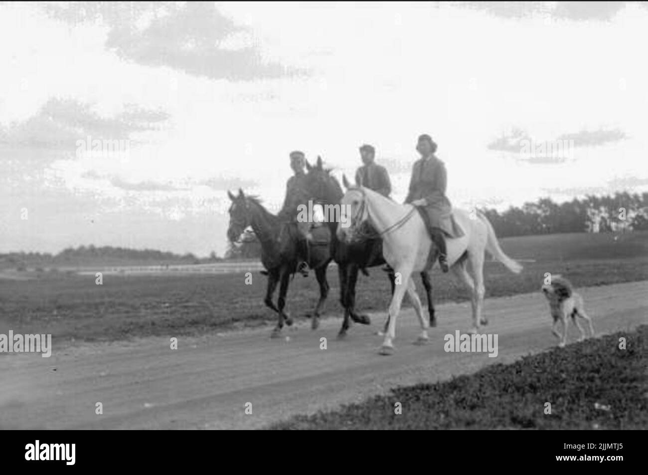 Sia Ingrid e Pietro e suo figlio Pietro nati nel 1926. Il pilota al centro sembra essere almeno 15 anni. In tal caso, la foto è scattata tra il 1941-47 a Skövde. Il fornitore di dati Ryttm. Cleas Lewenhaupt, Claesborg. La carta viene inserita nel campo Söder K 3. Foto Stock