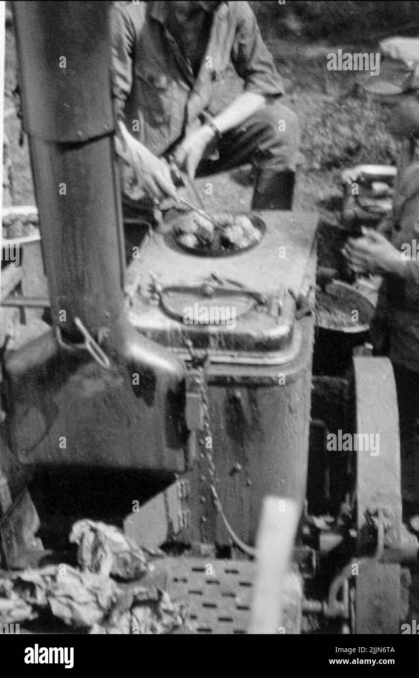 Militare nel campo, al carrello di cottura Foto Stock