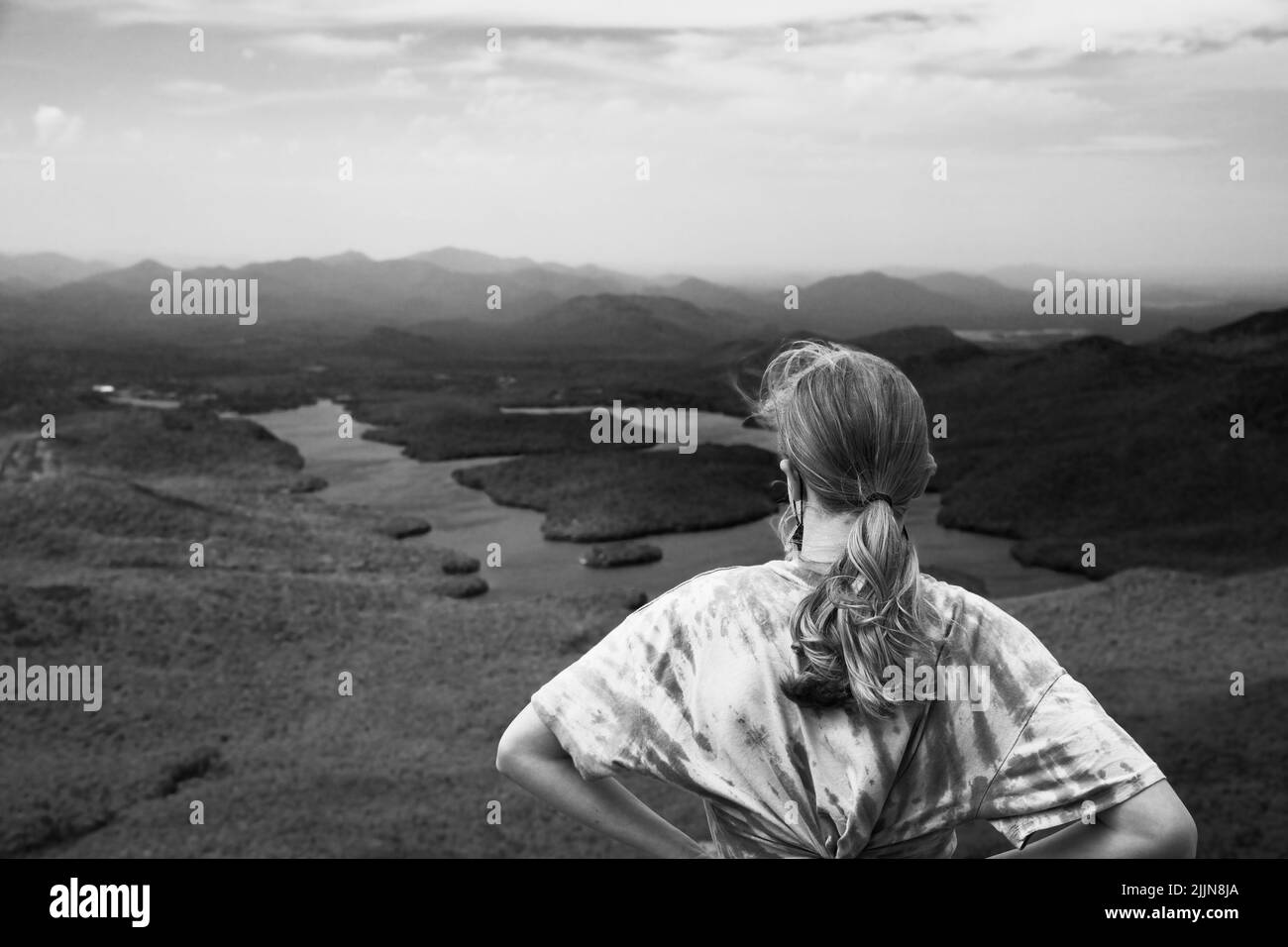 Una scala di grigi di una femmina vista da dietro, guardando un paesaggio coperto di montagne e laghi Foto Stock
