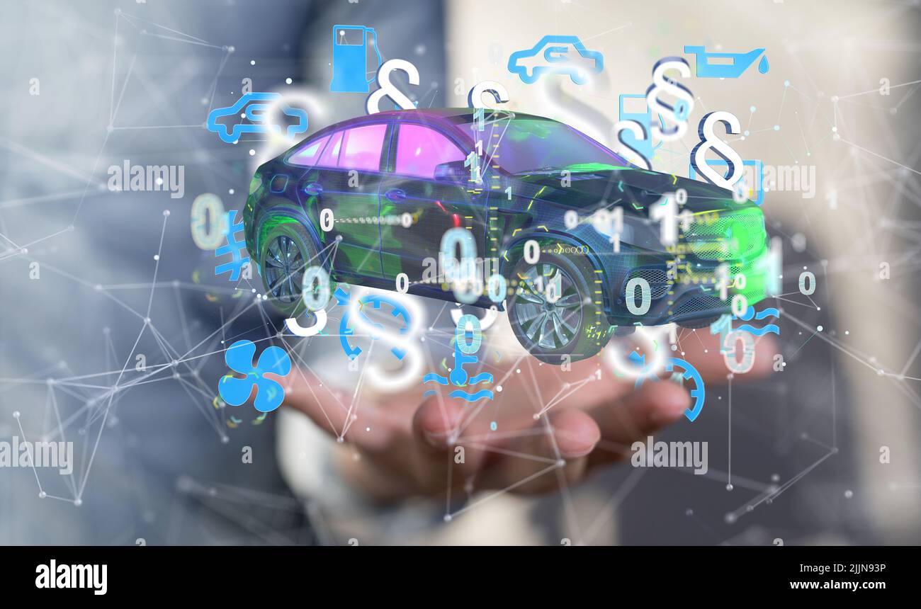 Un rendering 3d di un concetto di assicurazione auto in legge simboli paragrafo e uno schema binario in una mano Foto Stock
