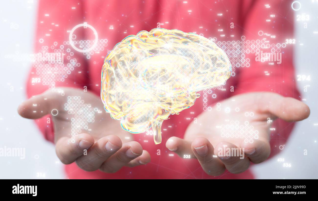 Un 3D reso medico accurata illustrazione cervello nelle mani Foto Stock