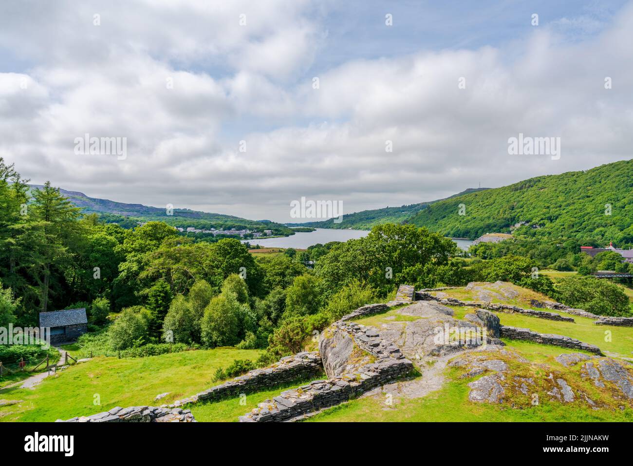 Lago di Llyn Padarn e campagna gallese a Llanberis, Galles Foto Stock