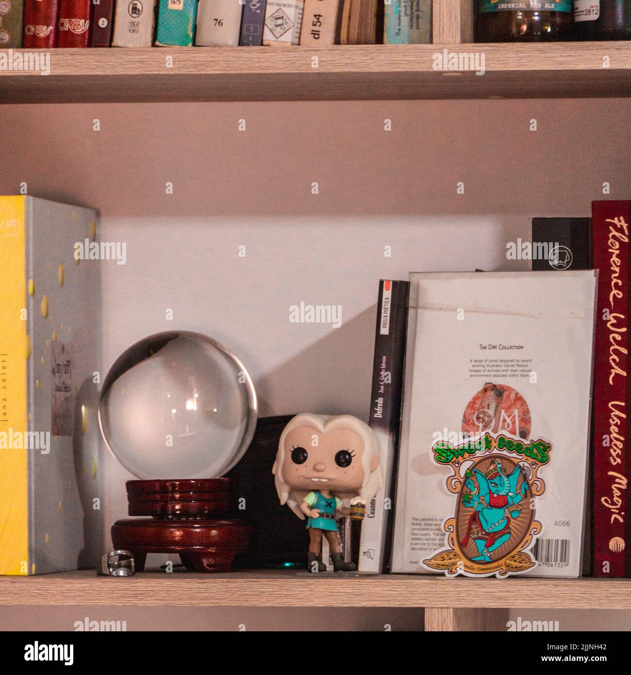 Un primo piano di una libreria con oggetti e giocattoli vintage Foto Stock