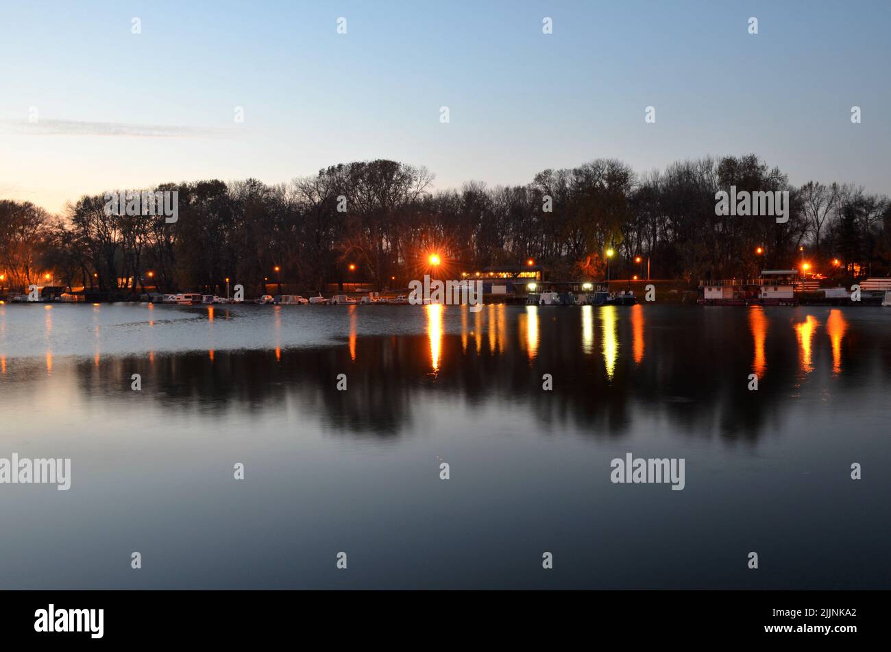Un bel colpo di luci di strada e alberi riflessi su un lago Foto Stock