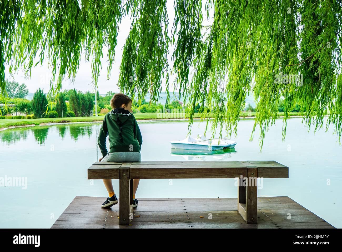 Vista posteriore di un ragazzo che si trova su una panchina accanto a un lago guardando la vista, Georgia Foto Stock