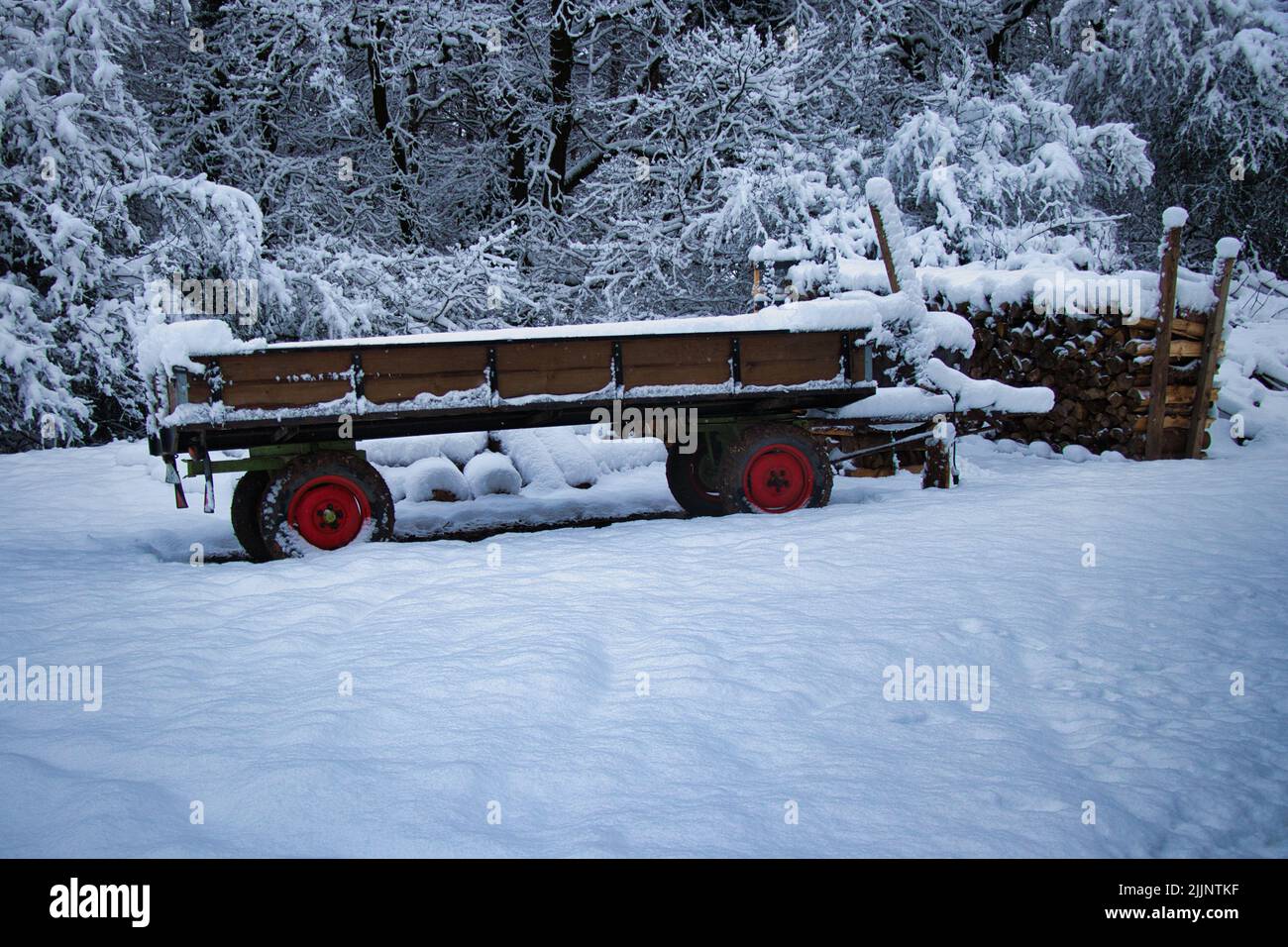 Un rimorchio per camion con pneumatici rossi in uno scenario invernale Foto Stock