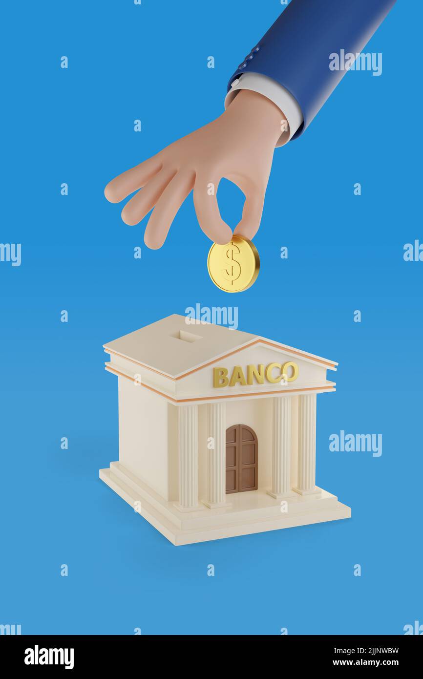 Cartoon mano mettere una moneta in una scatola di denaro a forma di un edificio banca con testo bancario in spagnolo. 3d illustrazione. Foto Stock