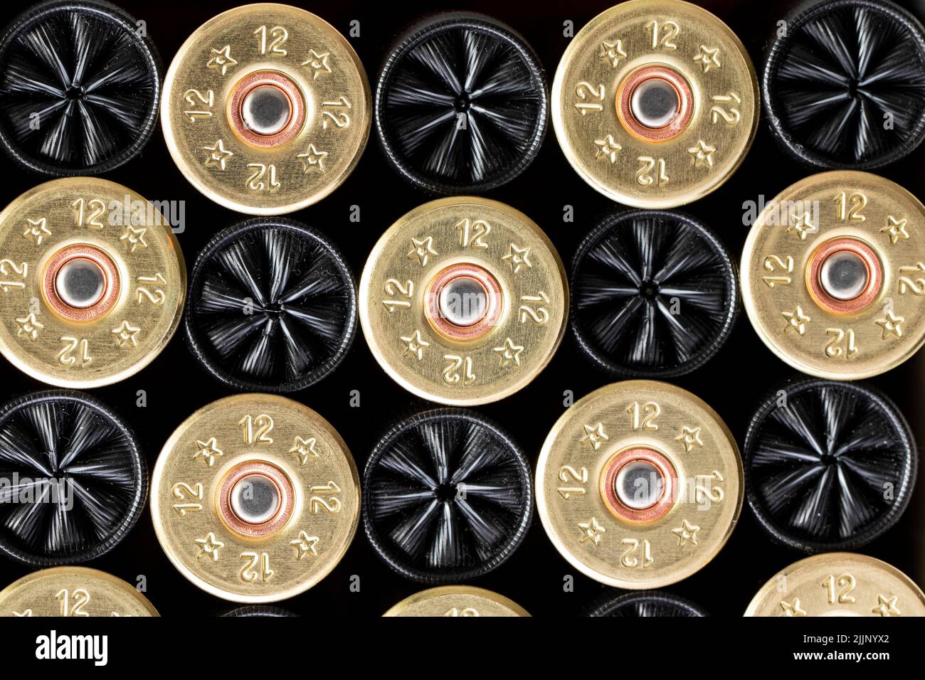 Modello senza cuciture di raccolta di cartucce di fucili da caccia lucide per la caccia disposte in file su sfondo nero Foto Stock