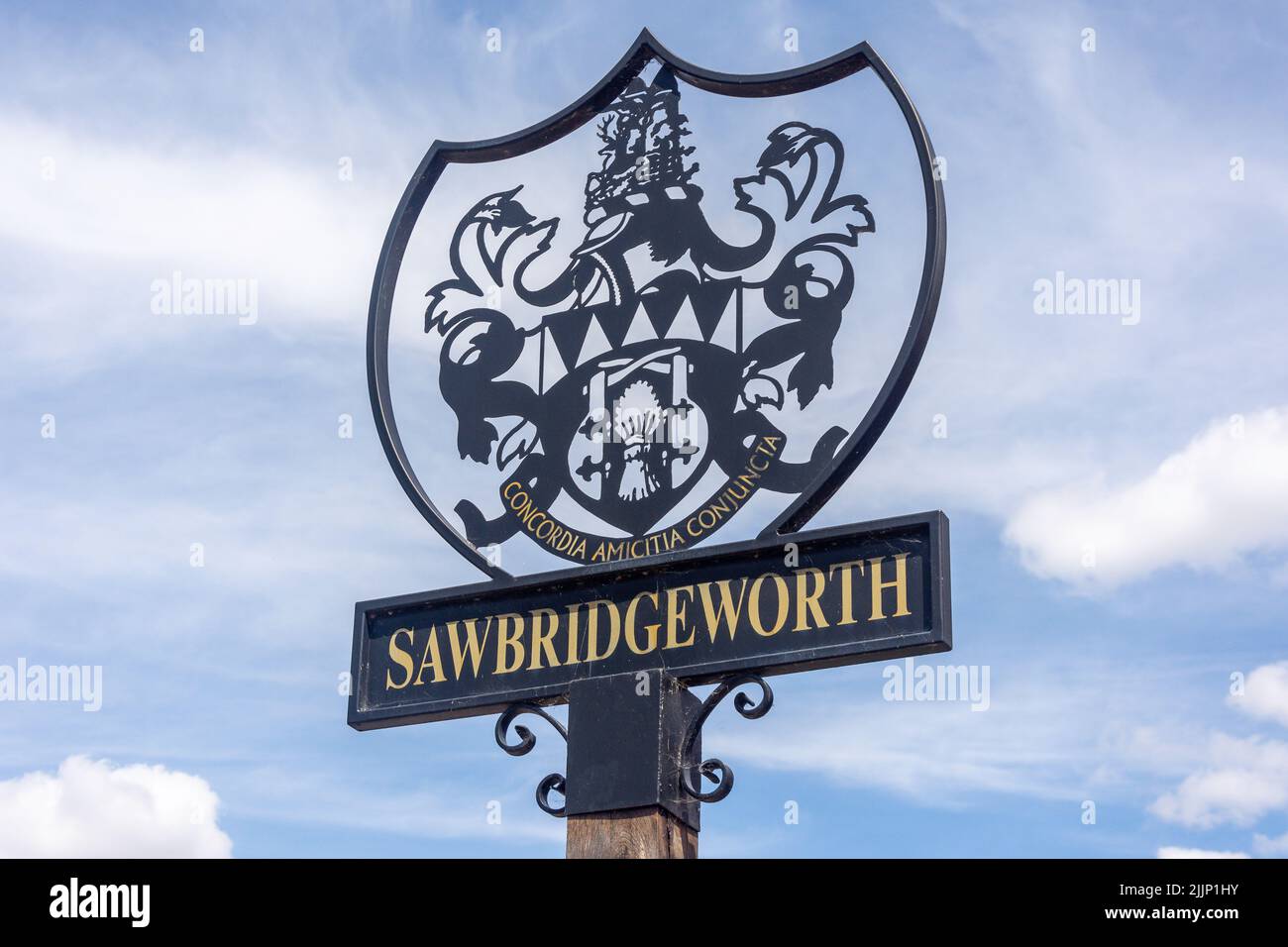 Cartello della città, London Road, Sawbridgeworth, Hertfordshire, Inghilterra, Regno Unito Foto Stock