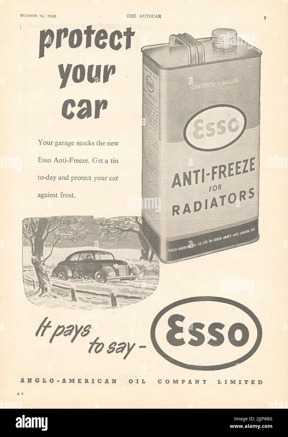 Proteggi la tua auto antigelo per radiatori esso vecchio annuncio vintage da una rivista di auto del Regno Unito Foto Stock