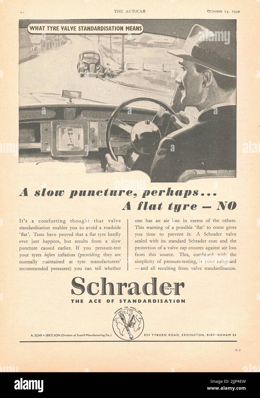 Schrader l'asso della Standarisation vecchia annata pubblicità da una rivista automobilistica britannica 1949 Foto Stock