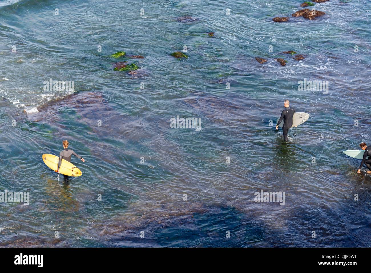 Un gruppo di surfisti nell'oceano al Sunset Cliffs Natural Park. San Diego, California, Stati Uniti. Foto Stock