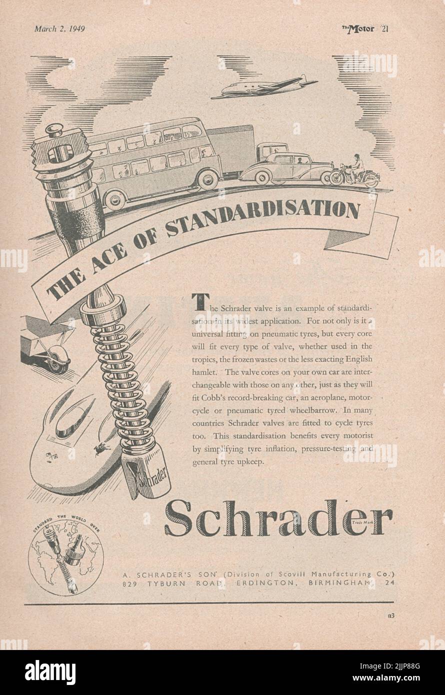 Schrader Valve vecchio annuncio d'annata da una rivista automobilistica britannica 1949 Foto Stock