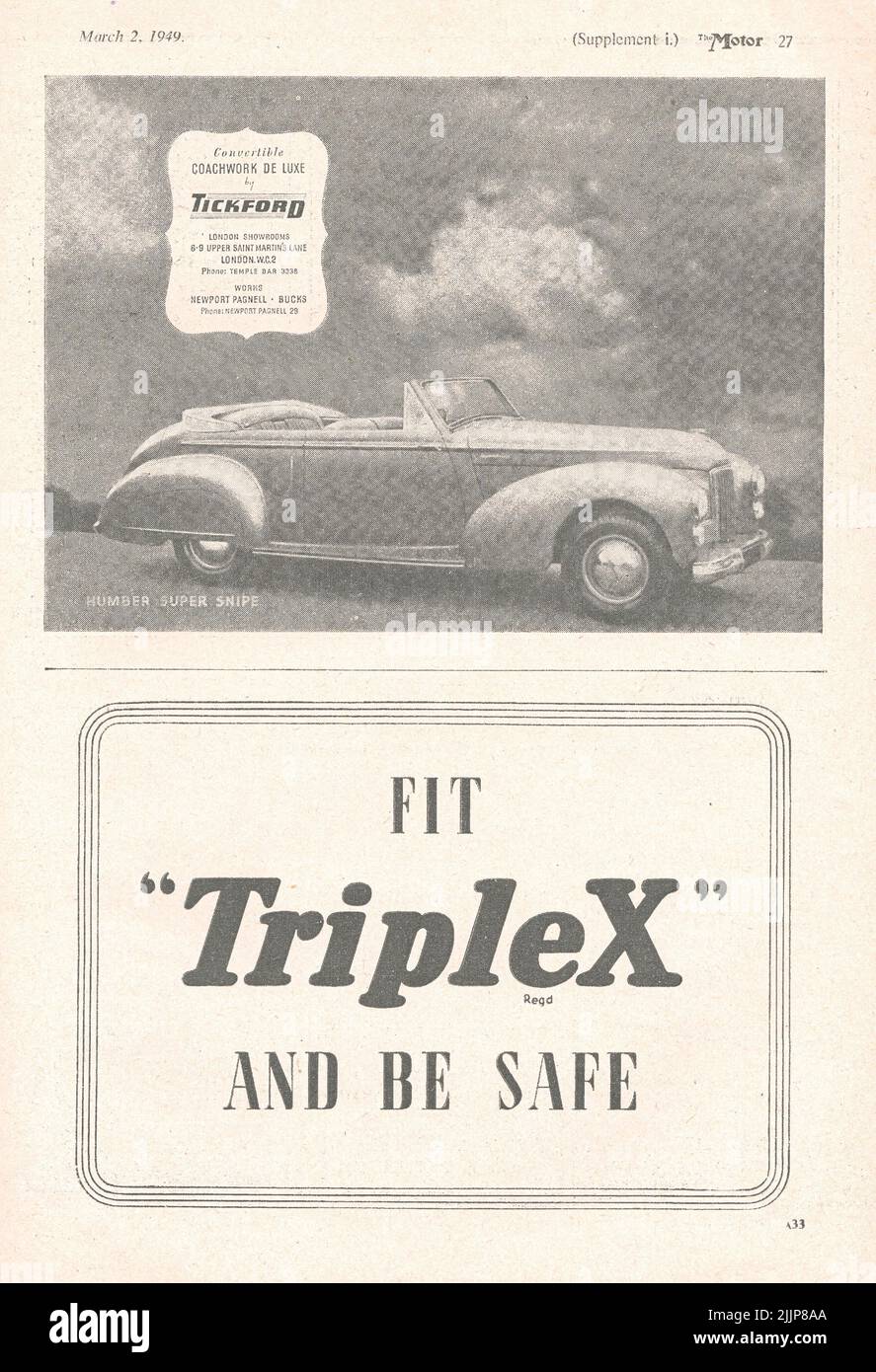 Coachwork de Luxe convertibile di Tickford Humber Super Snipe vecchio annuncio d'epoca da una rivista automobilistica britannica 1949 Foto Stock