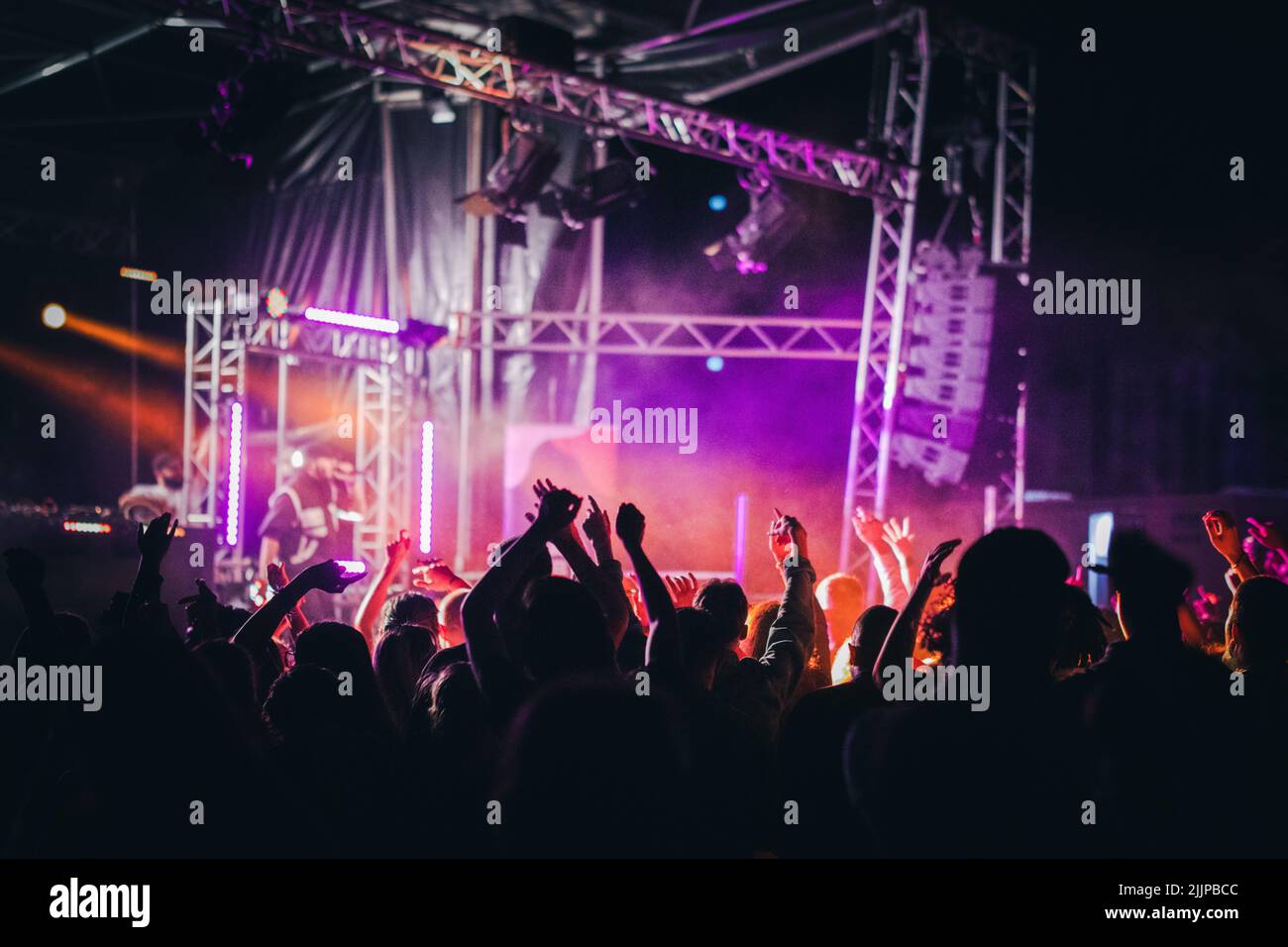 Un evento musicale con una folla danzante e luci da discoteca Foto Stock