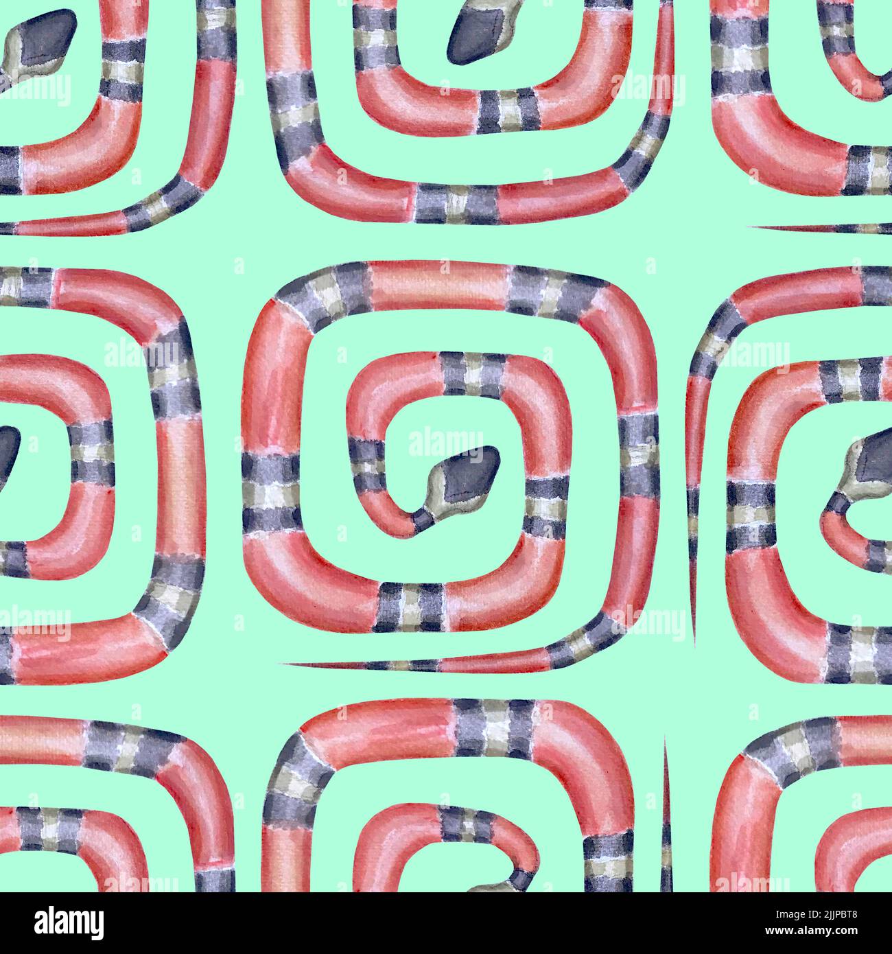 Serpenti di corallo motivo geometrico senza giunture. Ornamento rosso nero bianco latte rettile su sfondo verde menta. Texture alla moda serpente. Stampa animale per Foto Stock