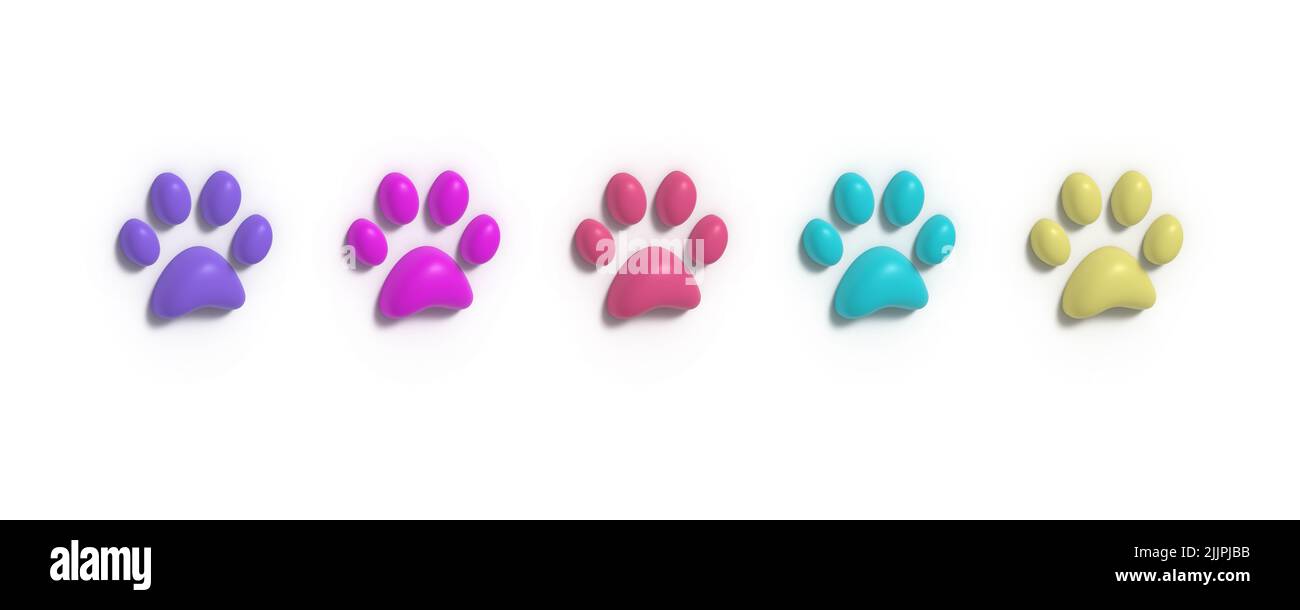 Stampe colorate da 3D paw su intestazione banner, cane, gatto, impronte, illustrazione 3D Foto Stock