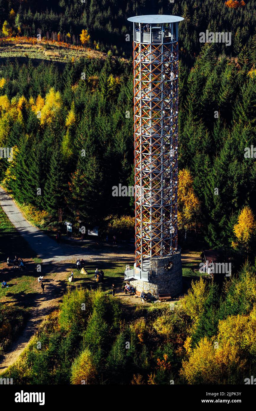 Vista dall'alto di una torre di osservazione circondata da alberi Foto Stock
