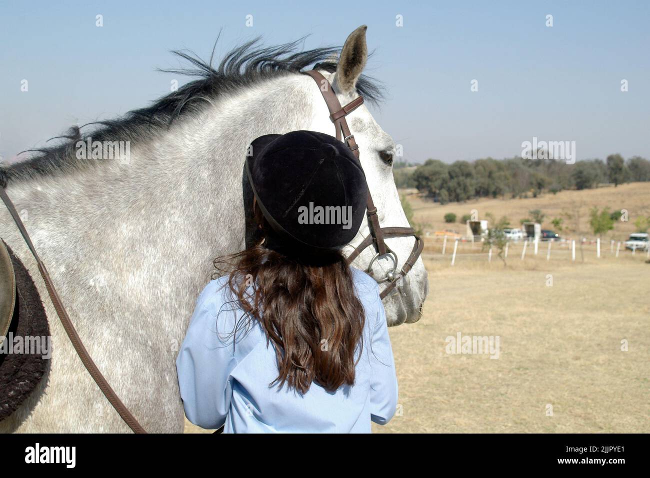 Vista posteriore di una ragazza adolescente che bacia il suo cavallo, Johannesburg, Gauteng, Sudafrica Foto Stock