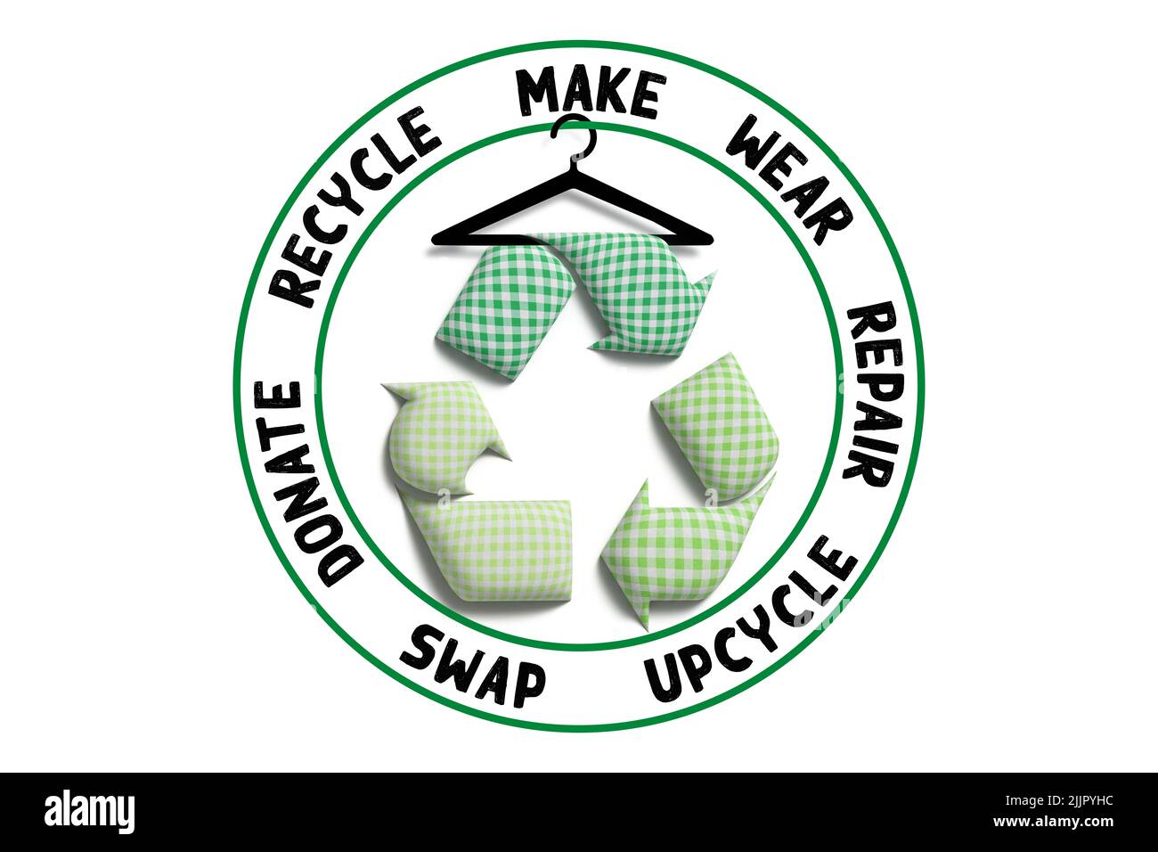 Riciclare i tessuti, riciclare il simbolo di marca con tessuto riciclato, ridurre i rifiuti tessili e promuovere la moda sostenibile Foto Stock