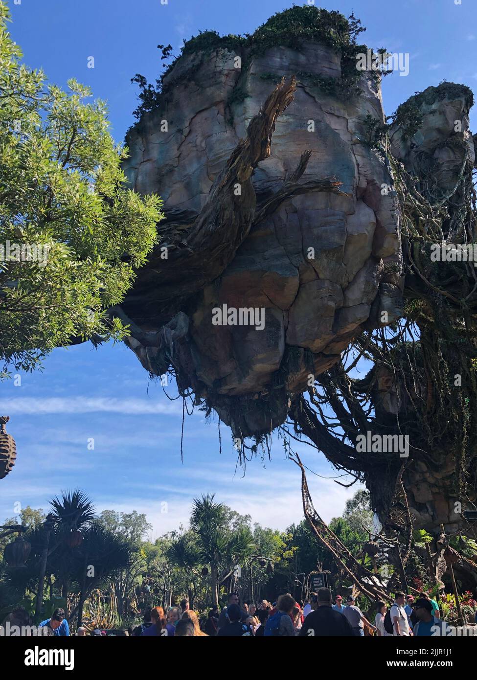 Un colpo verticale delle isole galleggianti avatar a Pandora, il parco a tema World of Avatar. Foto Stock